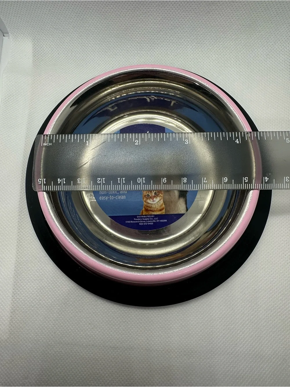 Stainless Steel Cat Bowl with Pink Exterior and Non-Slip Base
